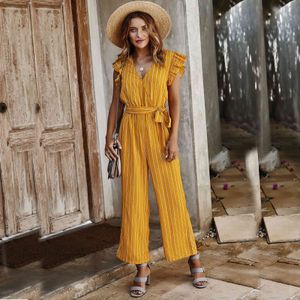 Sweet grisl summer spring jumpsuits ruffles sleeve Straight Standard Striped Lace Up Womens Jumpsuit holiday slim 210524