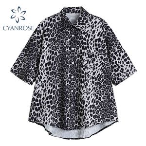 Summer Streetwear 버튼 Leopard Print Blouse 여성 패션 한국어 스타일 칼라 셔츠 셔츠를 켜고 캐주얼 OL 반팔 탑 210417