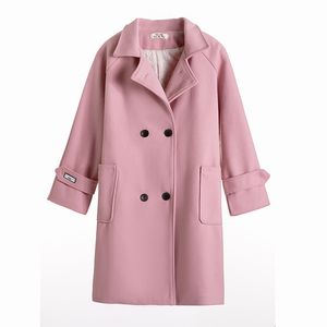 冬のウールのコートとジャケットの女性韓国のピンクの長い暖かいエレガントな厚さの厚さのカシミヤヴィンテージ岬女性210428