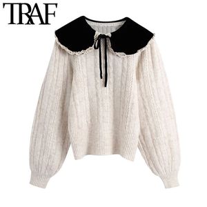 TRAF Women Fashion With Bow Velvet Peter Pan Collar Knitted Sweaters Vintage Lantern Sleeve Female Pullovers Chic Tops 210415