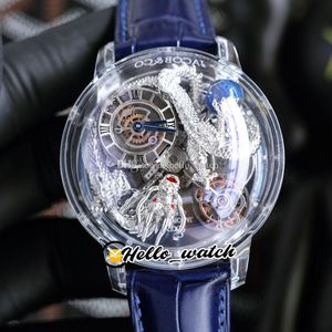 天文学トゥールビヨンシルバードラゴンスイスクォーツメンズウォッチパヴェピースユニークな完全透明ガラス3D彫刻時計ブリーテスーパーエディションHello_Watch A1