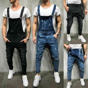 Mens rippade denim jeans män mode våren höst overalls dungarees bib byxor jumpsuit casual byxor 210716