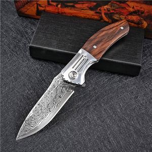 Flipper Folding Kniv VG10 Damaskus Stål Drop Point Blade Rosewood + Rostfria Stål Hantera EDC Pocket Knives