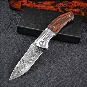 Flipper Folding Knife VG10 Damascus Steel Drop Point Blade Rosewood + Stainless Steels Handle EDC Pocket Knives