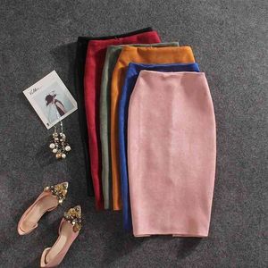 Spring Women's Retro Mid-length Back Split Bag Hip Skirt Stretch Suede Solid Color Professional Pencil One-step Office 210527