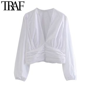 TRAF женская мода декоративные кнопки плиссированные обрезанные блузки старинные с длинным рукавом боковая молния женские рубашки шикарные вершины 210719
