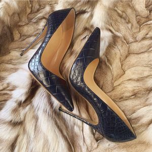 캐주얼 디자이너 여성 신발 검은 악어 인쇄 특허 가죽 뾰족한 발가락 Stiletto 스트리퍼 하이힐 댄스 파티 저녁 펌프 대형 44 12cm