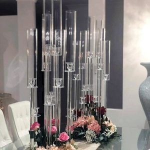 NO candles)Table top decoration centerpieces cylinder acrylic tube candle holder 8 arms tall 85cm tall crystal wedding candelabra with lampshade for sale senyu0593