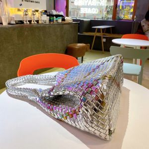Wholesale colorful totes resale online - Shining laser colorful bags womens high capacity weave Totes PU polyester fashion handbag Silver Gold beautiful shopping pocket