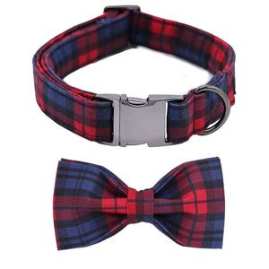 Unique Style Paws Christmas Dog Collar Red And Green Plaid Cotton Fabric Dog Collar and Bow X0703