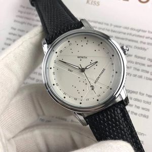 Mens watch leather strap quartz movement casual watches blue dial moon fashion dress wristwatch axial lifestyle splash waterproof analog wristwatches