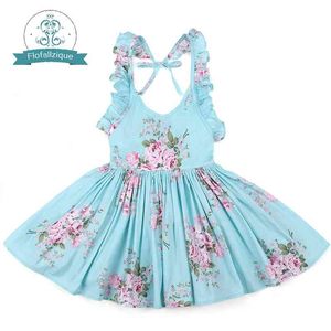 Flofallzique Baby Girls Dress With The Brand Summer Beach Style Floral Print Party Backless Vintage Toddler Kid Clothing 1-8Yrs 210317