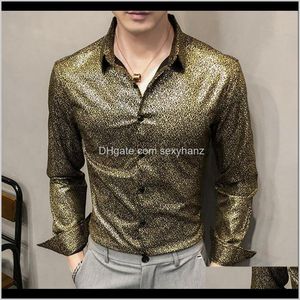 Herrenbekleidung Bekleidung Drop Delivery 2021 Britischer Stil Casual Slim Fit Nachtclub Party Wear Smoking Gold Schneeflocke Blumenhemden Langarm