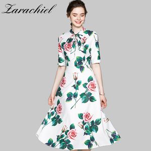 Elegancki Letni Rose Kobiety Z Krótkim Rękawem Łuk Kołnierz Vintage Kwiat Drukuj Party Dress Kobiet Wakacje A-Line Midi Dresses 210416