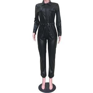 Damen-Overall, Strampler, PU-Leder, Damen-Overall, Schwarz, Herbst, lässig, langärmelig, Clubwear, Party, sexy, figurbetont, Faux-Overall