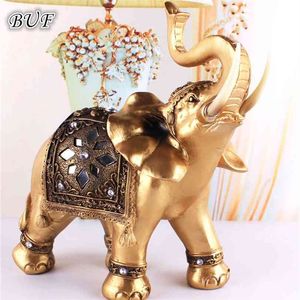 Golden Resin Elephant Statue Feng Shui Elegant Trunk Skulptur Lucky Wealth Figurinhantverk Ornaments för heminredning 210827