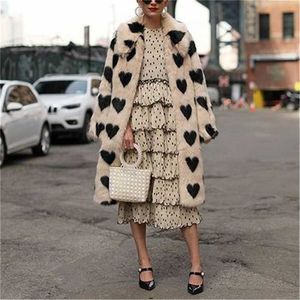 Winter Women Warm Faux Fur Coat Love Pattern Long Turn Down Collar Plush Classic Loose 211106