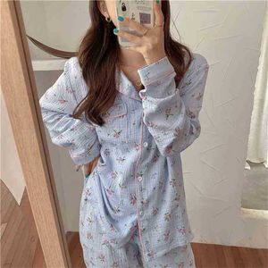 Ночная одежда нежная корейская два Pieeace костюма хлопка домашняя одежда мягкая повседневная свободная мода с длинными рукавами Pajamas набор 210525