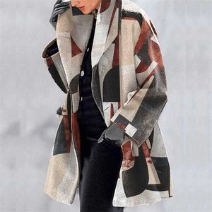 Vintage harajuku mönster printp kvinnor tweed ytterkläder höst vinter elegant lapel lösa kappa mode långärmad jacka toppar 211130