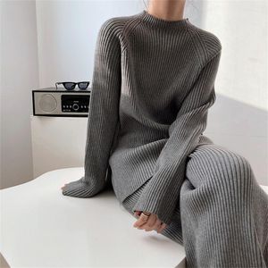 여성의 두 조각 바지 hzirip 겨울 니트 느슨한 조각 세트 세련 된 분할 따뜻한 우아한 pullovers 스웨터 2021 와이드 다리 스트리트웨어
