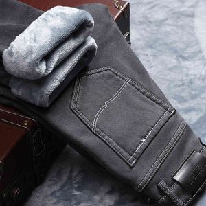 Зимние мужчины теплые серые джинсы высококачественная эластичность утолщенные худые плюс бархатные джинсовые брюки брюки мужская бренд