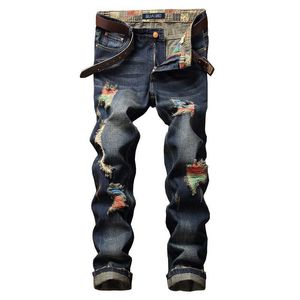 Högkvalitativa Märke Jeans Distressed Denim Trousers Youth Ripped Hip Hop Men's Street Ripped Straight Long Jeans X0621