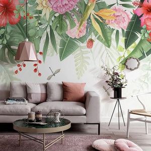 Custom Mural 3D Hand Painted Watercolor Plant Green Leaf Flower Pastoral Style Interior Wall Painting Living Room Sofa Wallpaper