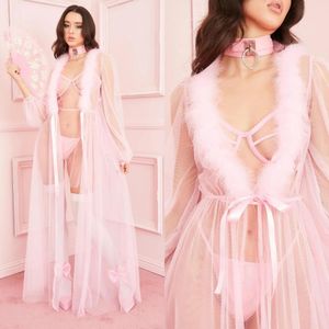 Sexy Women Sleepwear Lingerie Lace Fur Robe Long Sleeve Bathrobe Tulle Nightwear Babydoll Robe Dress