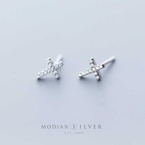 Elegancki Clear Cyrkon Tiny Cross Stadniny Kolczyki Proste 925 Sterling Silver Exquisite Studs Ear Dla Kobiet Biżuteria 210707