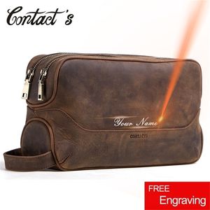 Contact's Genuine Leather Cosmetic Bag Men Luxury Large Capacity Makeup Pouch Organizer Travel Vintage Toiletry Bags Storage 220218
