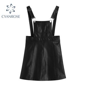 Été PU Faux Cuir Crop Vest Dress Femmes Streetwear Élégant Y2K Sans Manches Bretelles Noir Robes Nouvelle Mode Dresse 210417