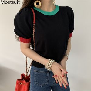 夏のカラーブロック韓国のニットTシャツトップスの女性半袖Oネックスリム基本的なファッション女性ティーTシャツFemme 210513