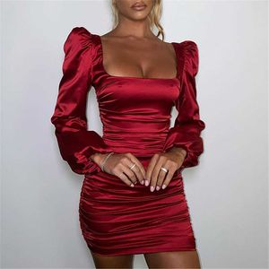 Articat New Satin Puff-Sleeve Ruched DrFor Women Solid Square Collar Sexy Dresses Ladies Streetwear BacklZip Vestidos X0529