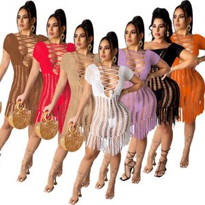 Новые сексуальные женские пляжные платья One Piece Outfits Купальник Обложка ручной работы вязание крючком полые кисточки длинные юбки с пересеченными фронтами