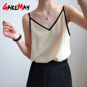 Women Clothes Summer Tank Top V-neck Fashion Silk Chiffon Sleeveless Black White Crop Tops for 210428