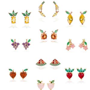 Cubic Zirconia Fruit Dinosaur Threaded Stud Earrings For Women Strawberry Grape Watermelon Copper 18k Gold Plated Girls Jewelry Gift