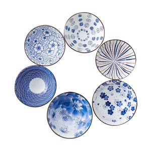 Japanese Style Blue and White Rice Bowl Vintage Floral Sea Wave Pattern 5 inch Porcelain Bowl for Home Sushi Restaurant 14 Ounces