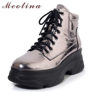 Autumn Ankle Boots Women Natural Genuine Leather Flat Platform Short Lace Up Round Toe Shoes Lady Black Size 34-39 210517