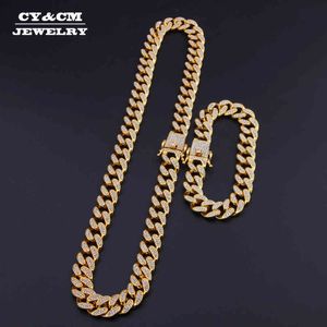 13mm Miami Cuban Link Łańcuch Złoto Srebrny Kolor Naszyjnik Bransoletka Iced Out Crystal Rhinestone Hip Hop dla Mężczyzn Biżuteria Naszyjniki X0509