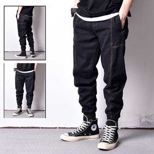 Japansk stil vintage mode män Jeans Slim Fit Spliced ​​Designer Raw Denim Cargo Byxor Streetwear Hip Hop Joggers 5eAre