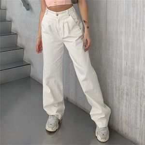 Queda Baggy White Jeans Mulher Cintura Alta Cores Coreano Indie Aesthética Calças de Algodão Calças Vintage Roupas Bottoms Kobieta Spodnie 210629