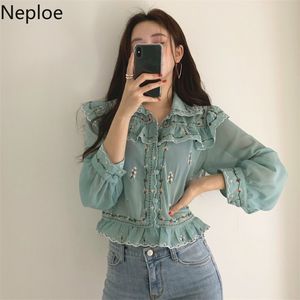 Schwere Stickerei Floral Chiffon Bluse Drehen Unten Kragen Koreanische Frauen Hemd Vintage Rüschen Patch Langarm Blusas 1A408 210422