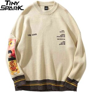 Män Hip Hop Sweater Pullover Streetwear van Gogh målning Broderi Stickad tröja Retro Vintage Hösttröjor Bomull 210813