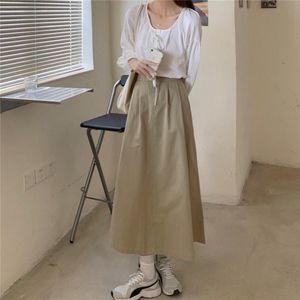 作業ドレス女性エレガントなプレッピースタイルのファッションソリッドハイウエストAラインスカートスリムレースシャツ2021韓国色の緩いスカート