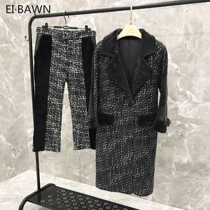 Wholesale leather jacket and pants set for sale - Group buy Women Two Piece Set Top And Pants For Shearling Coat Genuine Leather Jacket Wool Woolen Stitching Women s