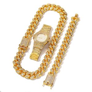 3pcs Necklace +Watch+Bracelet Hip Hop Miami Curb Cuban Chain Gold Full Iced Out Paved Rhinestones CZ Bling For Men Jewelry