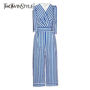 Blue Striped Casual Jumpsuit For Women High Waist Hit Color Patchwork Jumpsuits Female Summer Clothes 210521