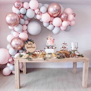 Macaron Balony Arch Zestaw Pastelowy Szary Różowy Balony Garland Rose Gold Confetti Globos Wedding Party Decor Baby Shower Dostawy 210626