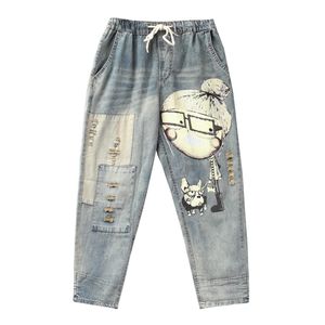 Women Spring jeans Autumn Fashion Brand Vintage Cartoon Dog Little Girl Print Denim Female Casual Frayed Harem Pants Trousers