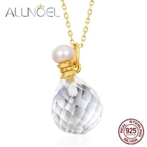 Allnoel 925 Стерлинговый серебряный серебряный цепи цепи для женщин натуральный жемчуг белый хрустальный драгоценный камень алмазное ожерелье мода
